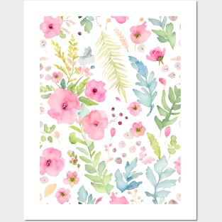 Watercolor Blush Pink Flowers Berries and Ferns Floral Pattern Posters and Art